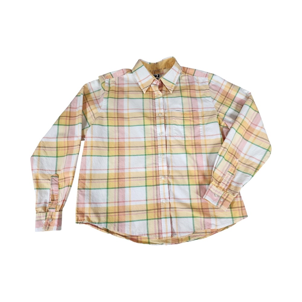 Rockies Womens Yellow Pink Green Plaid Long Sleeve Button Down Shirt Size L